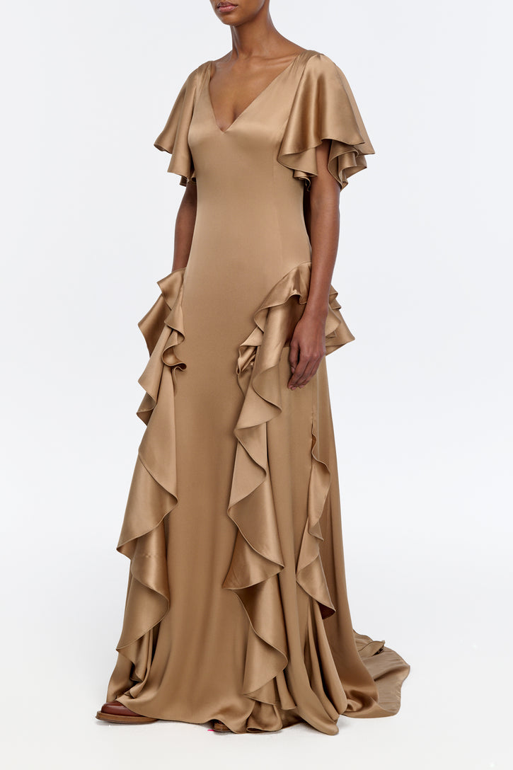 Spiral Ruffles Dress in Camel Silk Satin