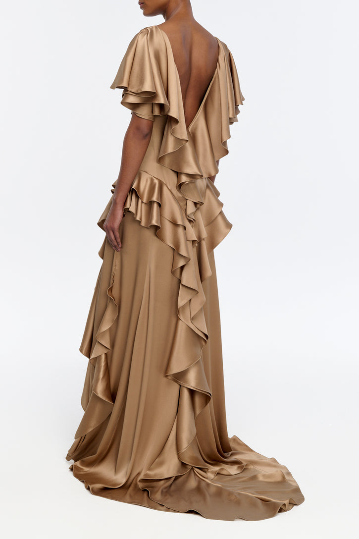Spiral Ruffles Dress in Camel Silk Satin