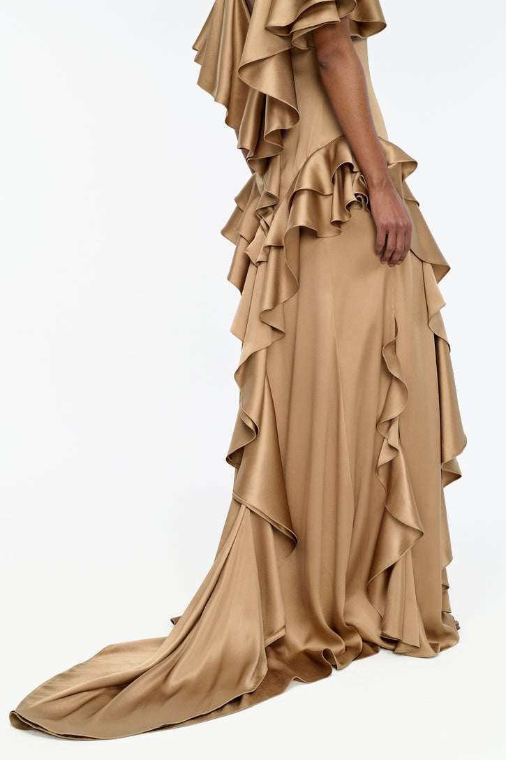 Spiral Ruffles Dress in Camel Silk Satin