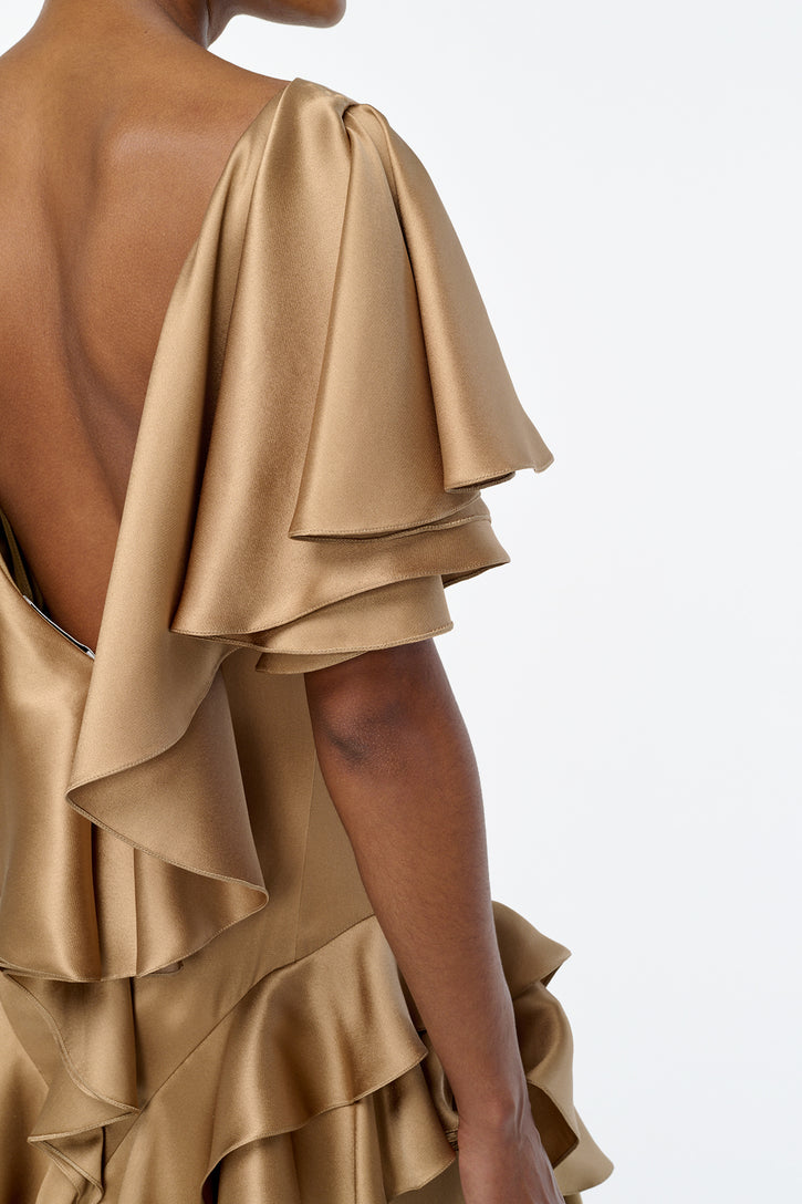 Spiral Ruffles Dress in Camel Silk Satin