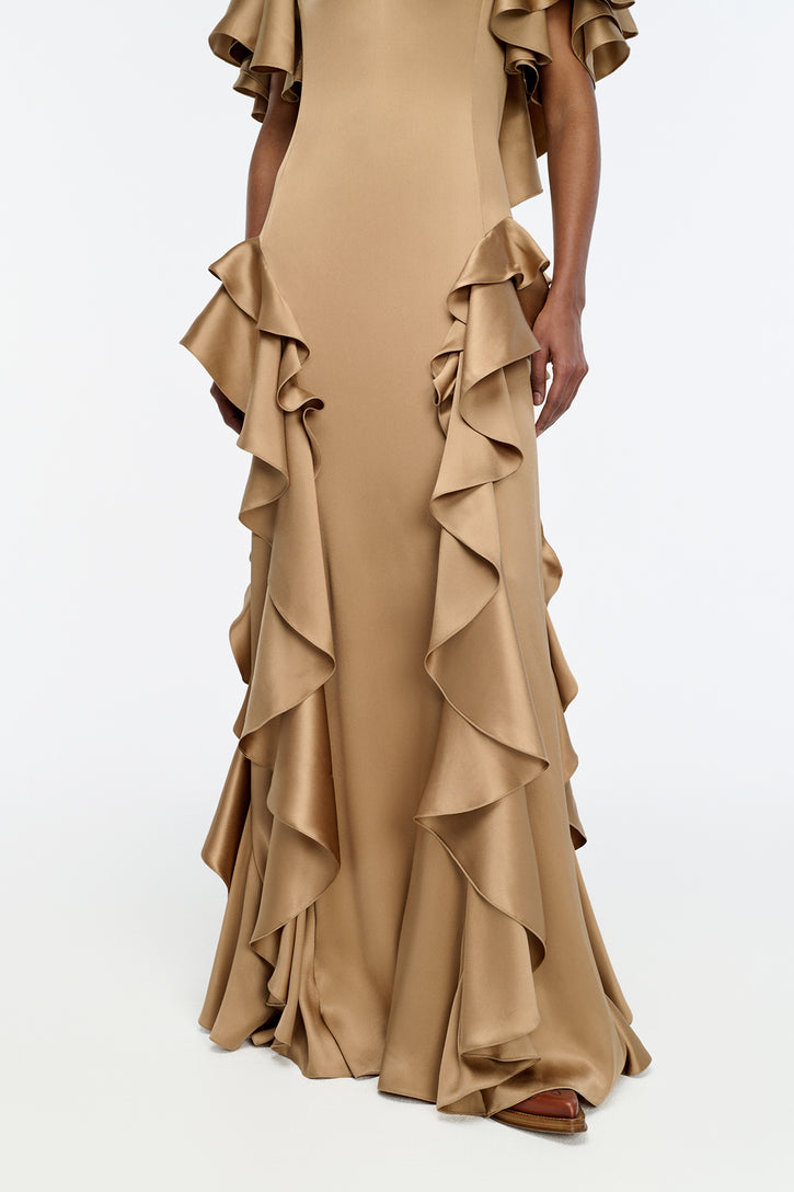 Spiral Ruffles Dress in Camel Silk Satin