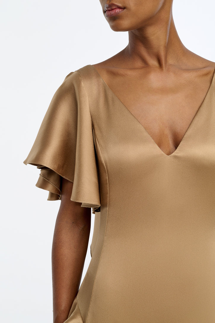 Spiral Ruffles Dress in Camel Silk Satin