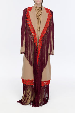 Mcaffrey Fringe Coat in Camel Double-face Recycled Cashmere with Silk Macrame