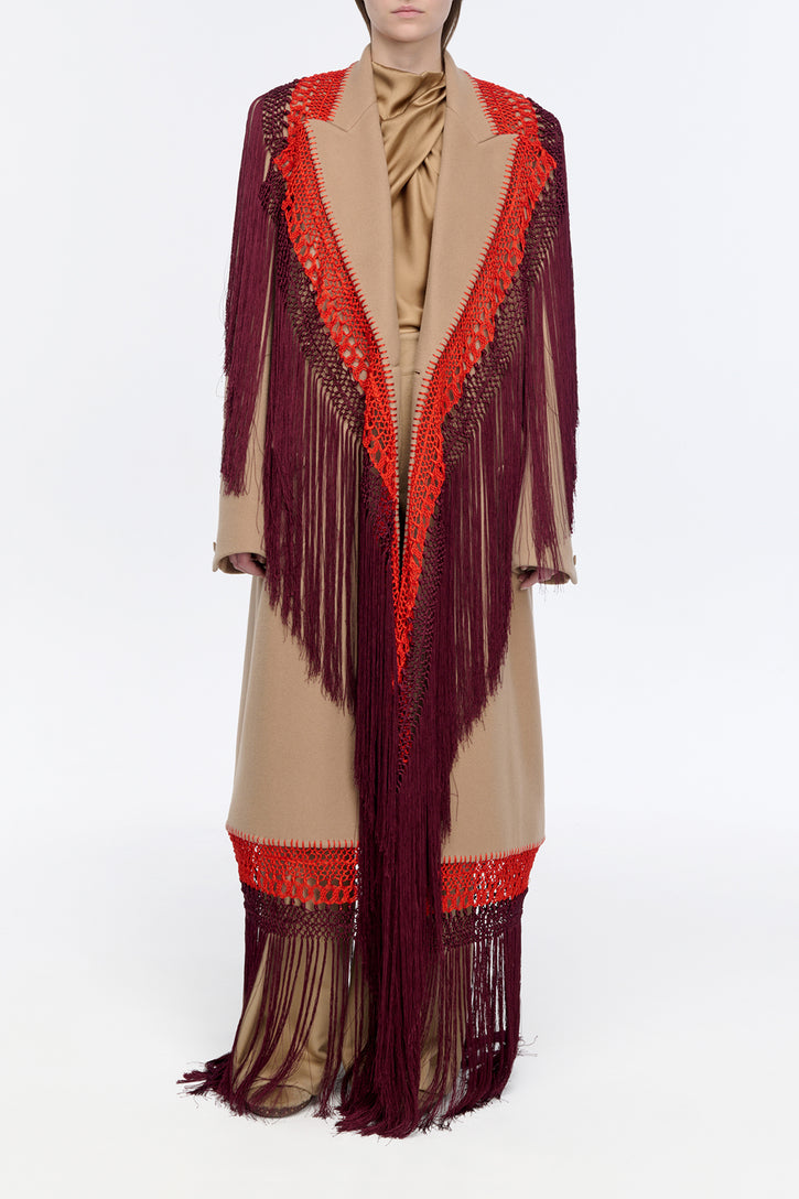 Mcaffrey Coat in Camel Double Face Recycled Cashmere with Macrame