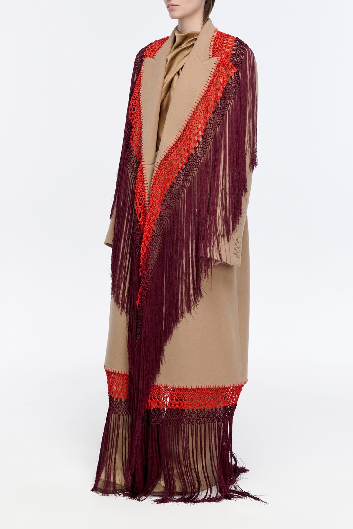 Mcaffrey Coat in Camel Double Face Recycled Cashmere with Macrame