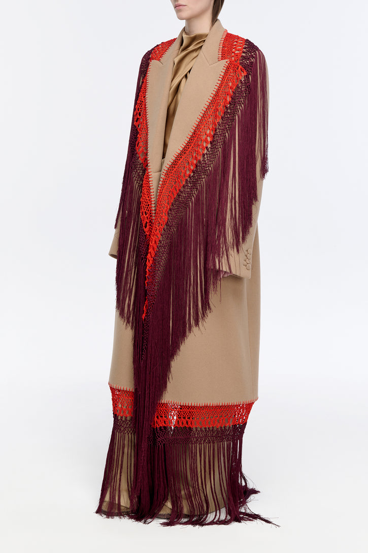 Mcaffrey Coat in Camel Double Face Recycled Cashmere with Macrame