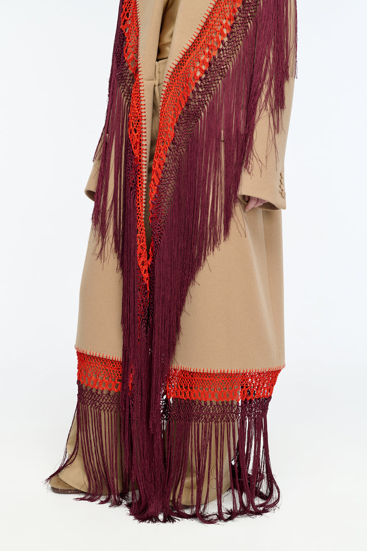 Mcaffrey Coat in Camel Double Face Recycled Cashmere with Macrame