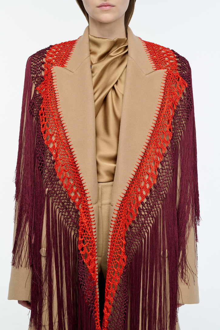 Mcaffrey Coat in Camel Double Face Recycled Cashmere with Macrame