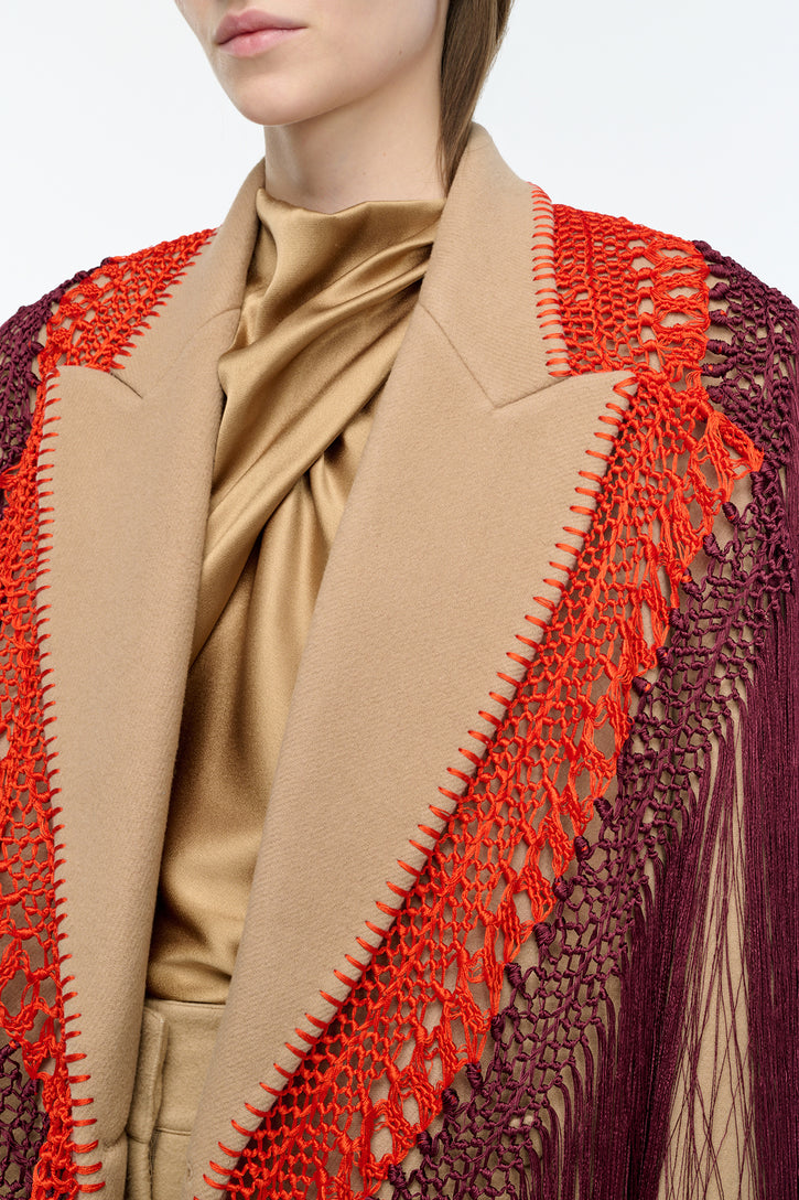 Mcaffrey Coat in Camel Double Face Recycled Cashmere with Macrame