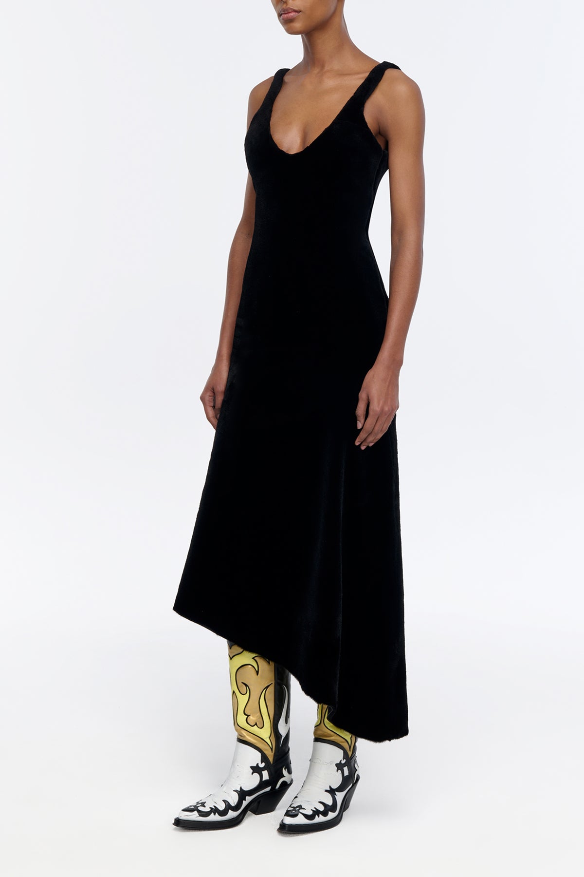 Lyth Raw Cut Dress in Black Recyled Fur