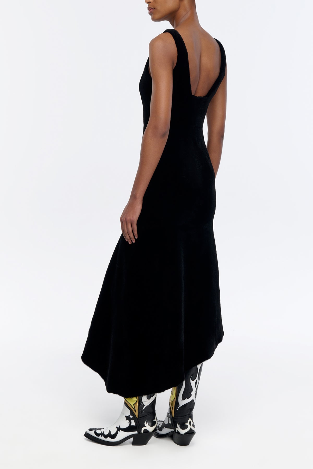 Lyth Raw Cut Dress in Black Recyled Fur
