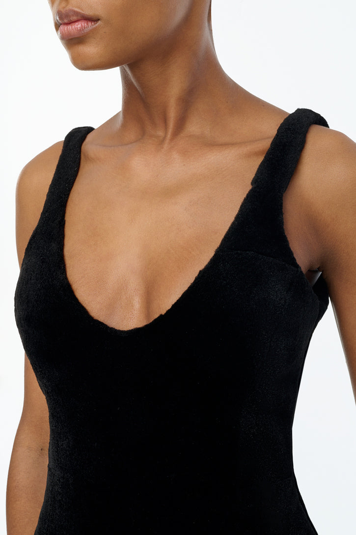 Lyth Raw Cut Dress in Black Recyled Fur
