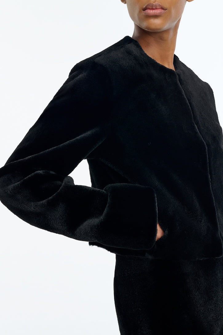 Hermera Raw Cut Jacket in Black Recycled Fur