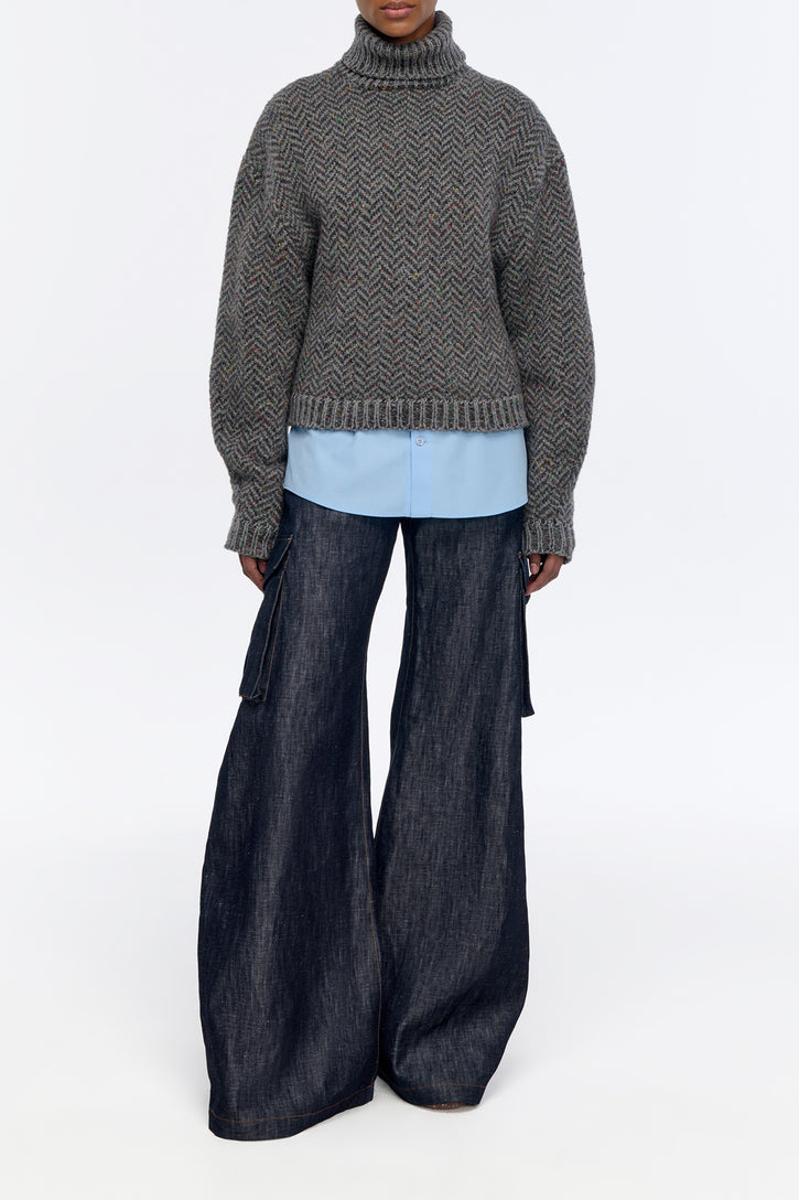 Courtney Knit Turtleneck in Charcoal Multi Aran Cashmere Herringbone