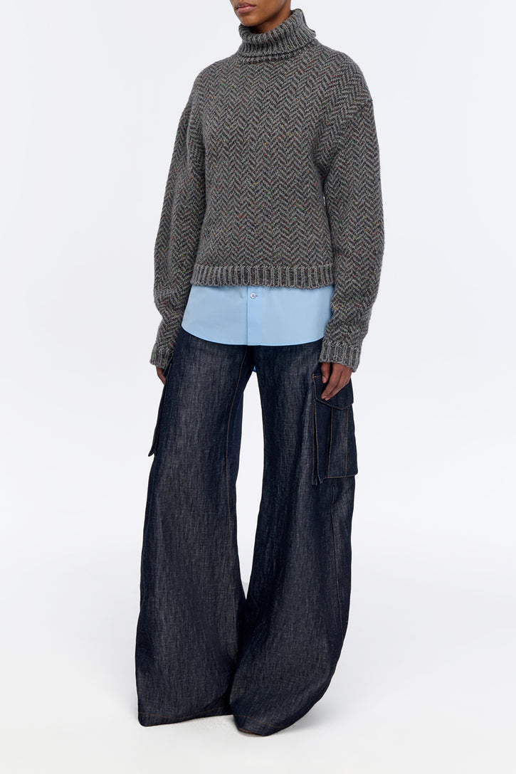 Courtney Knit Turtleneck in Charcoal Multi Aran Cashmere Herringbone