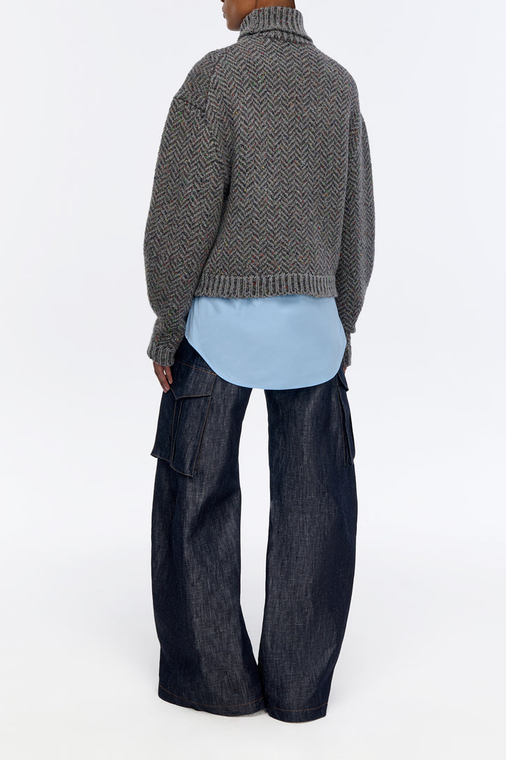 Courtney Knit Turtleneck in Charcoal Multi Aran Cashmere Herringbone