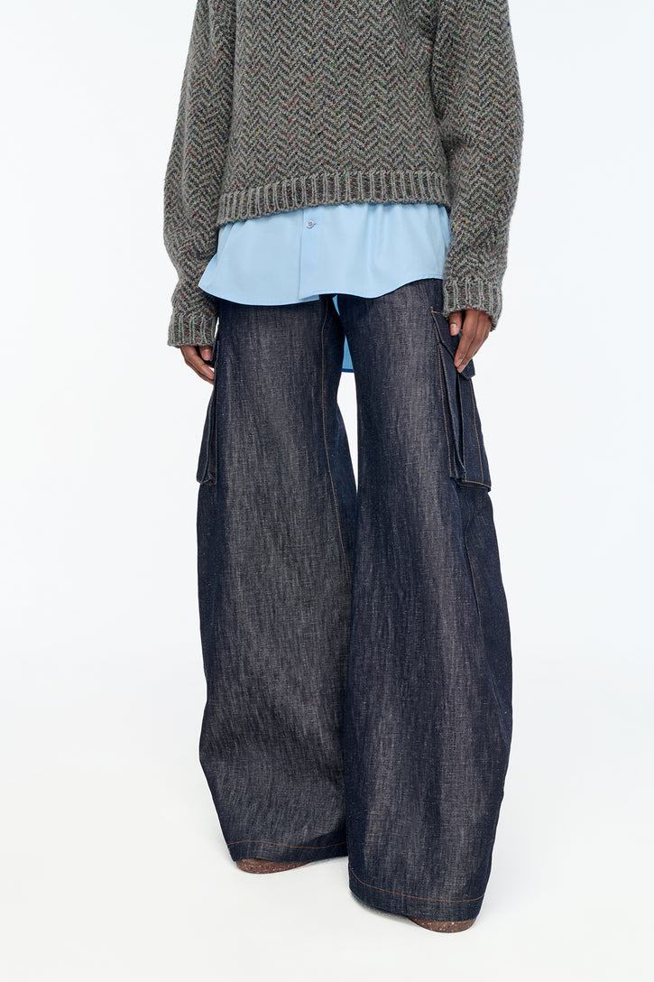 Eos Barrel-leg Cargo Pant in Recycled Cotton Linen Denim