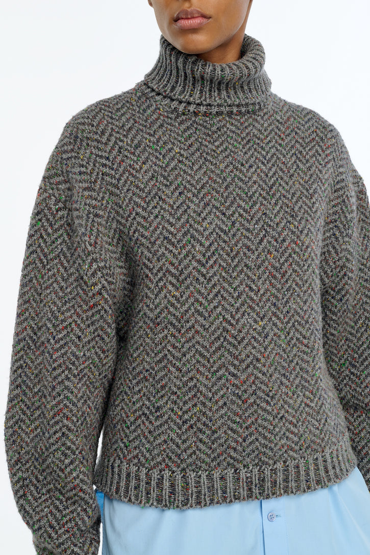 Courtney Knit Turtleneck in Charcoal Multi Aran Cashmere Herringbone