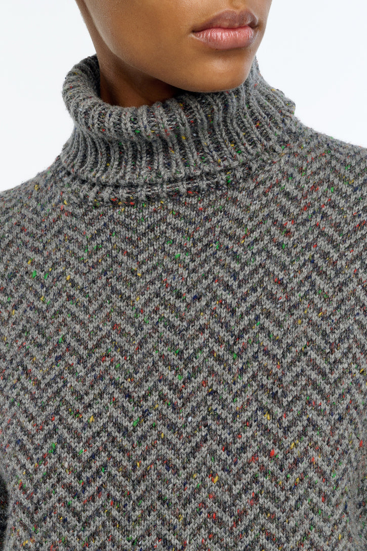 Courtney Knit Turtleneck in Charcoal Multi Aran Cashmere Herringbone