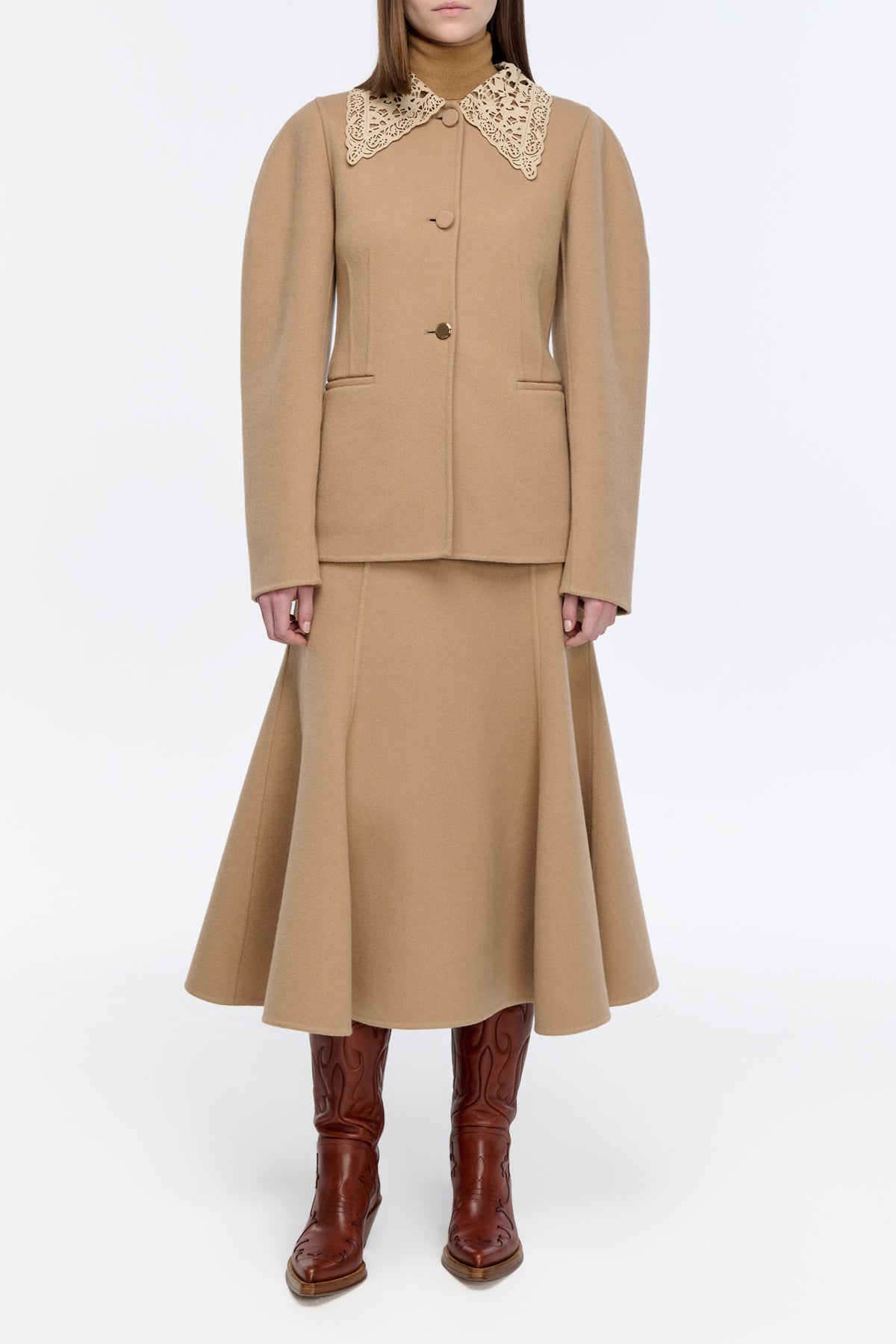 Daelan Jacket in Camel Double-face Recycled Cashmere with Suede Lace Collar