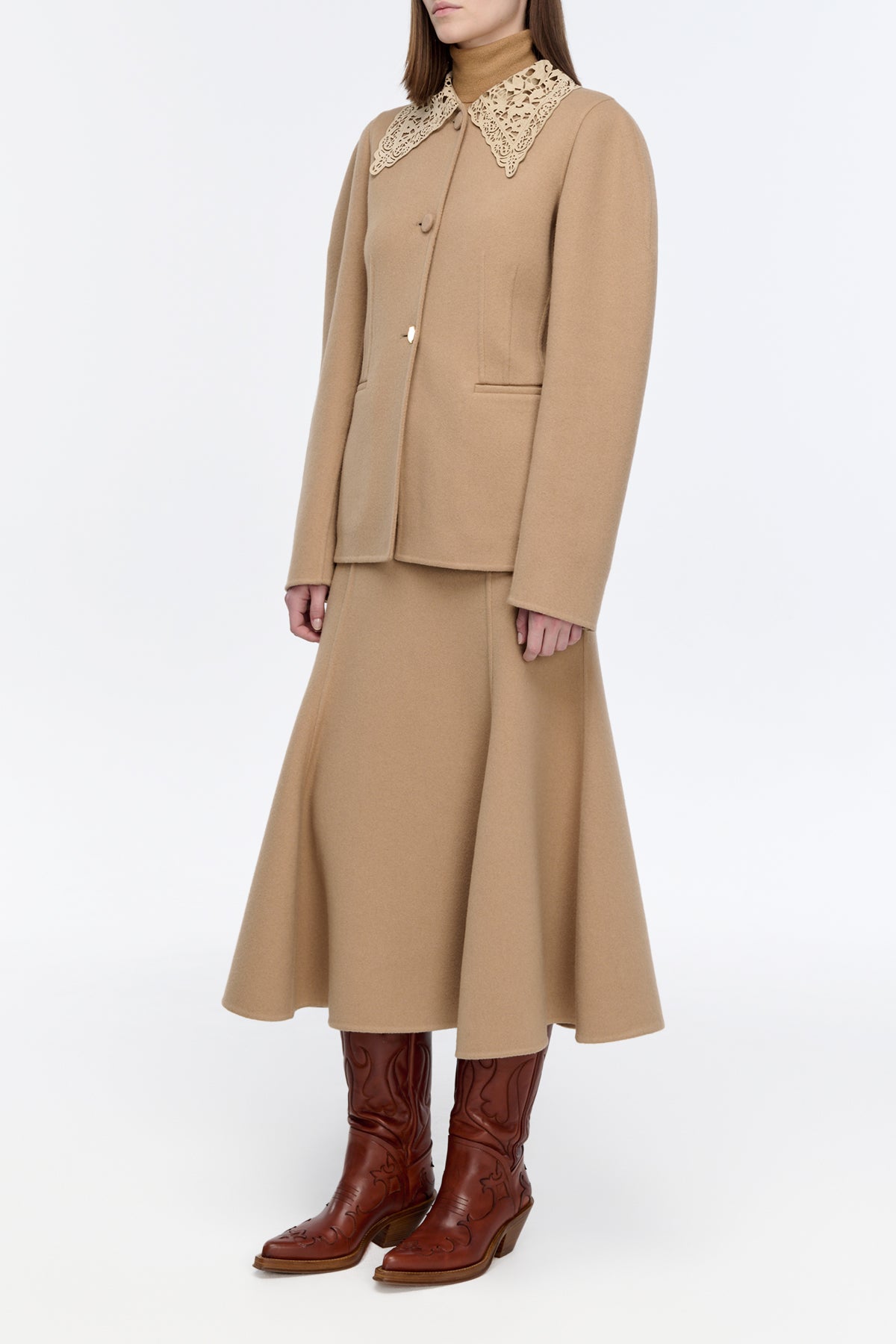 Daelan Jacket in Camel Double-face Recycled Cashmere with Suede Lace Collar