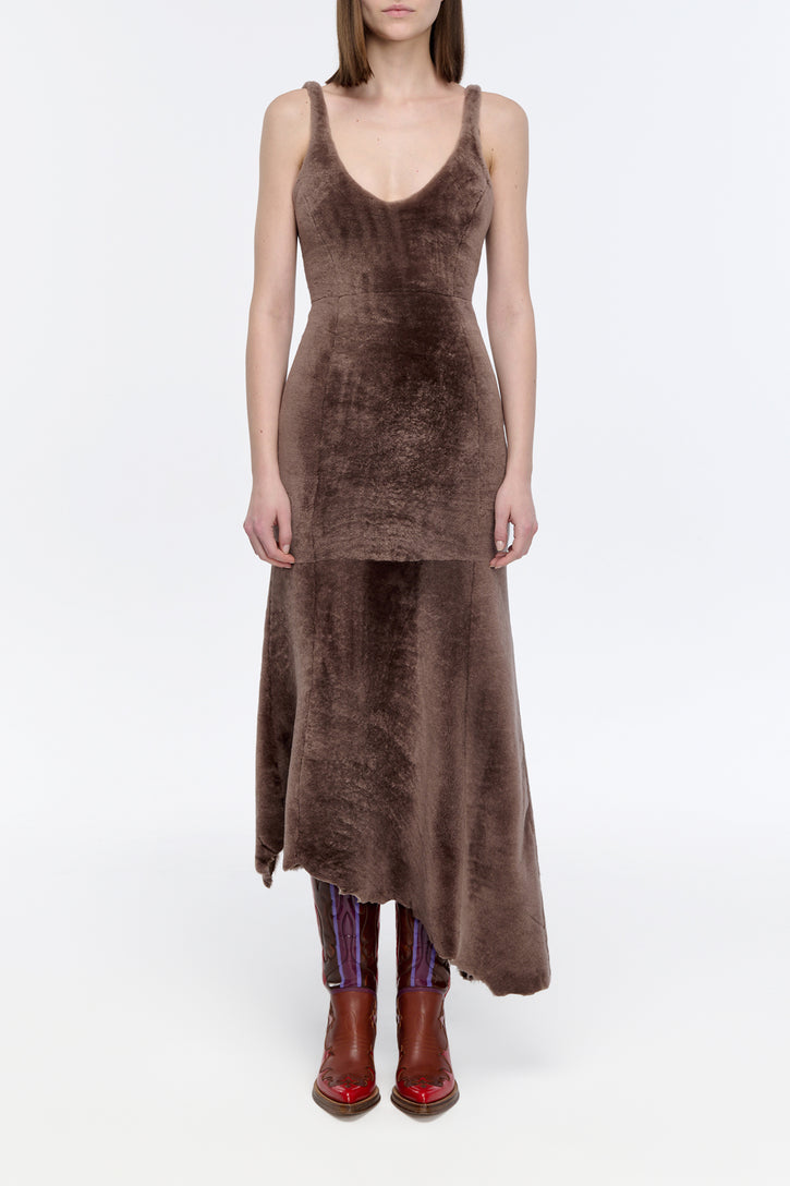 Lyth Raw Cut Dress in Mocha Shearling