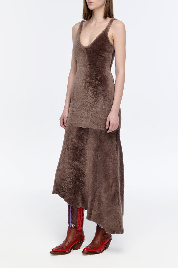 Lyth Raw Cut Dress in Mocha Shearling