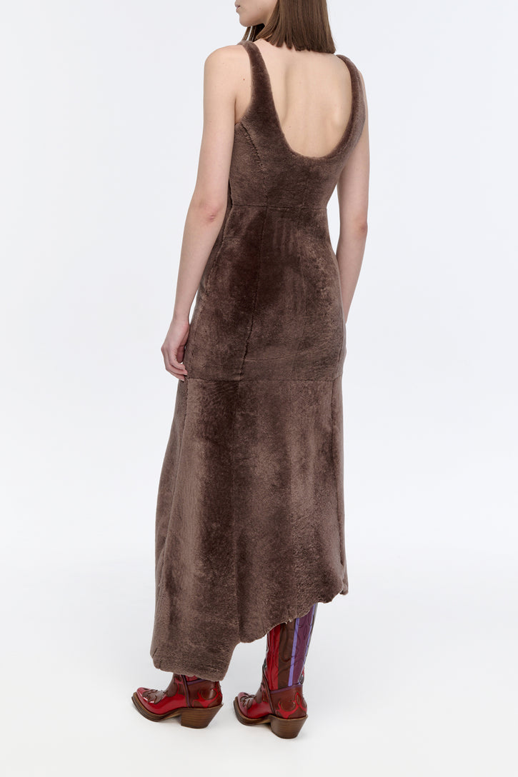 Lyth Raw Cut Dress in Mocha Shearling