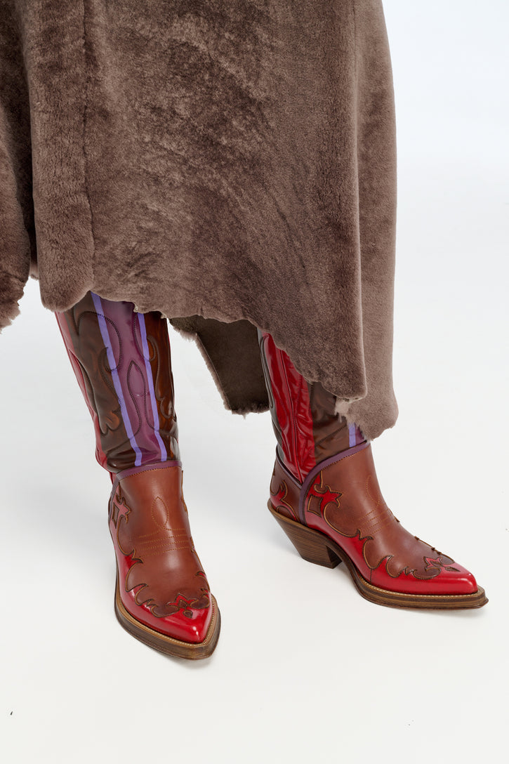 Hand Painted Capitana Cowboy Boot in Cognac Red & Purple Leather
