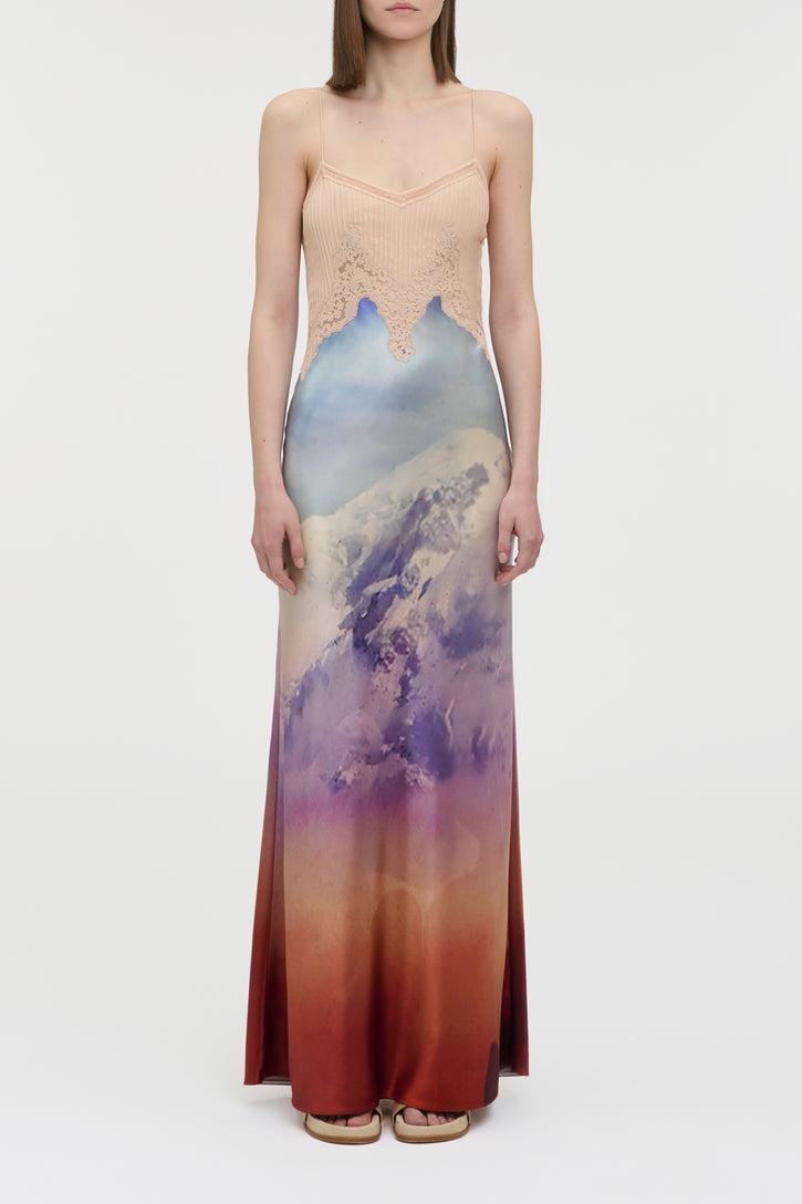 Adolphine Slip Maxi Dress in Mountain Printed Satin Silk Twill