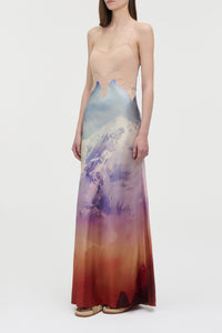 Adolphine Slip Maxi Dress in Mountain Printed Satin Silk Twill