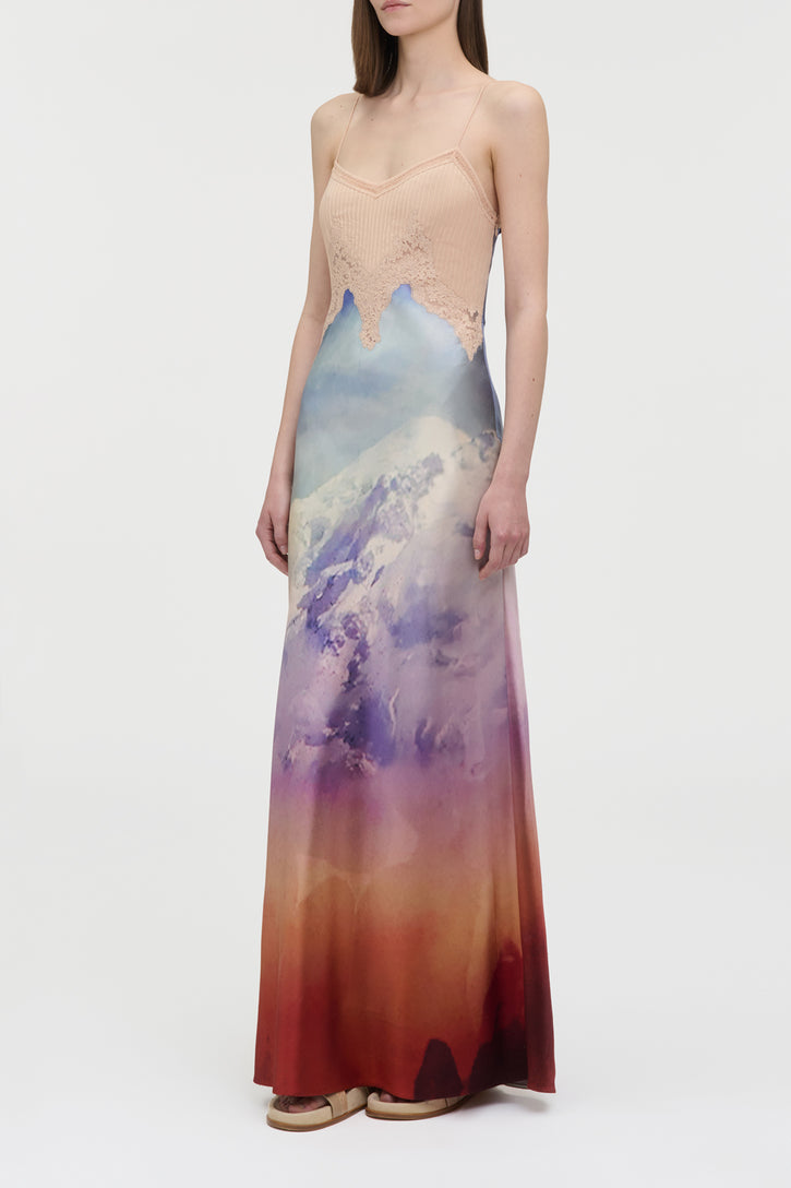 Adolphine Slip Maxi Dress in Mountain Printed Satin Silk Twill