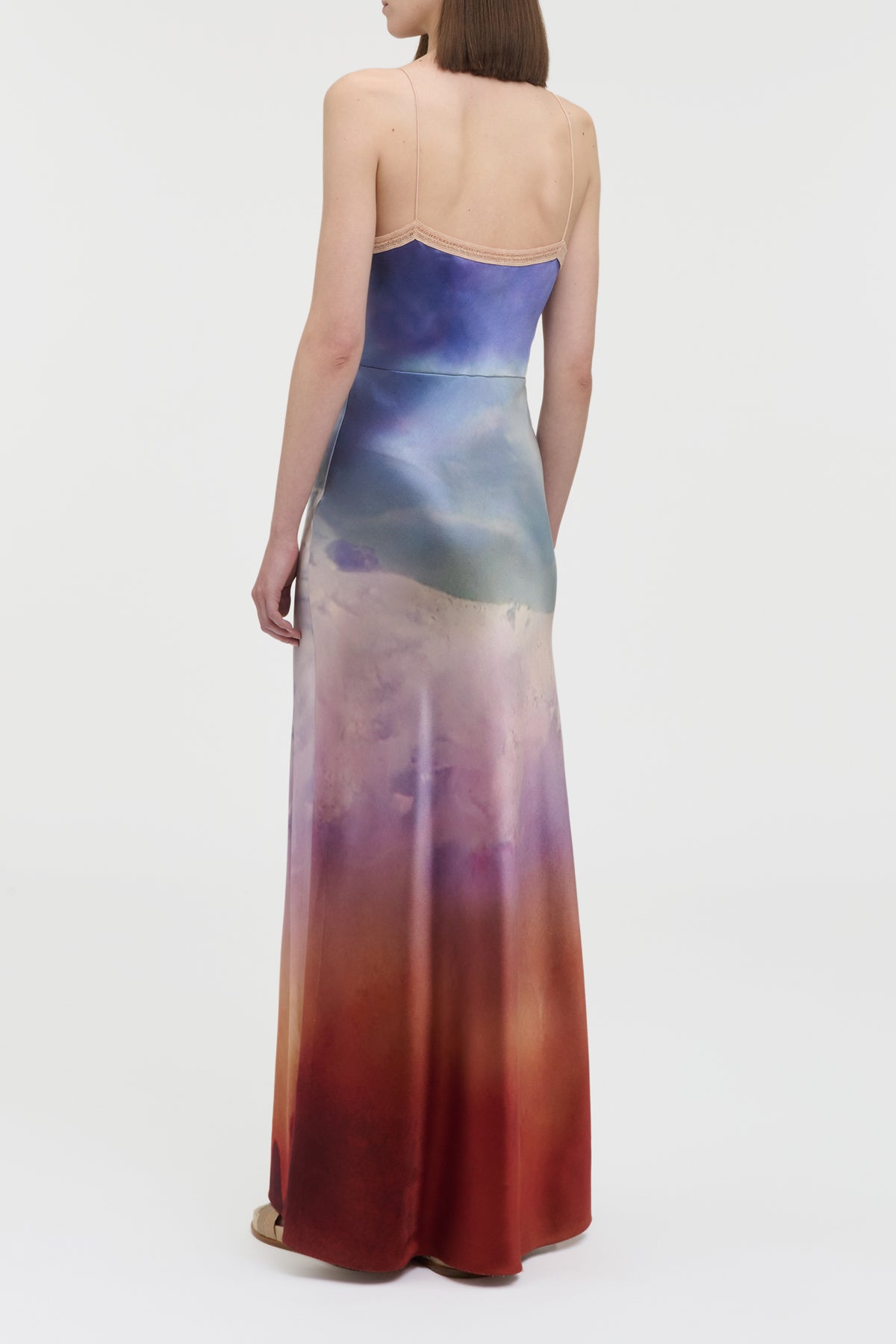 Adolphine Slip Maxi Dress in Mountain Printed Satin Silk Twill