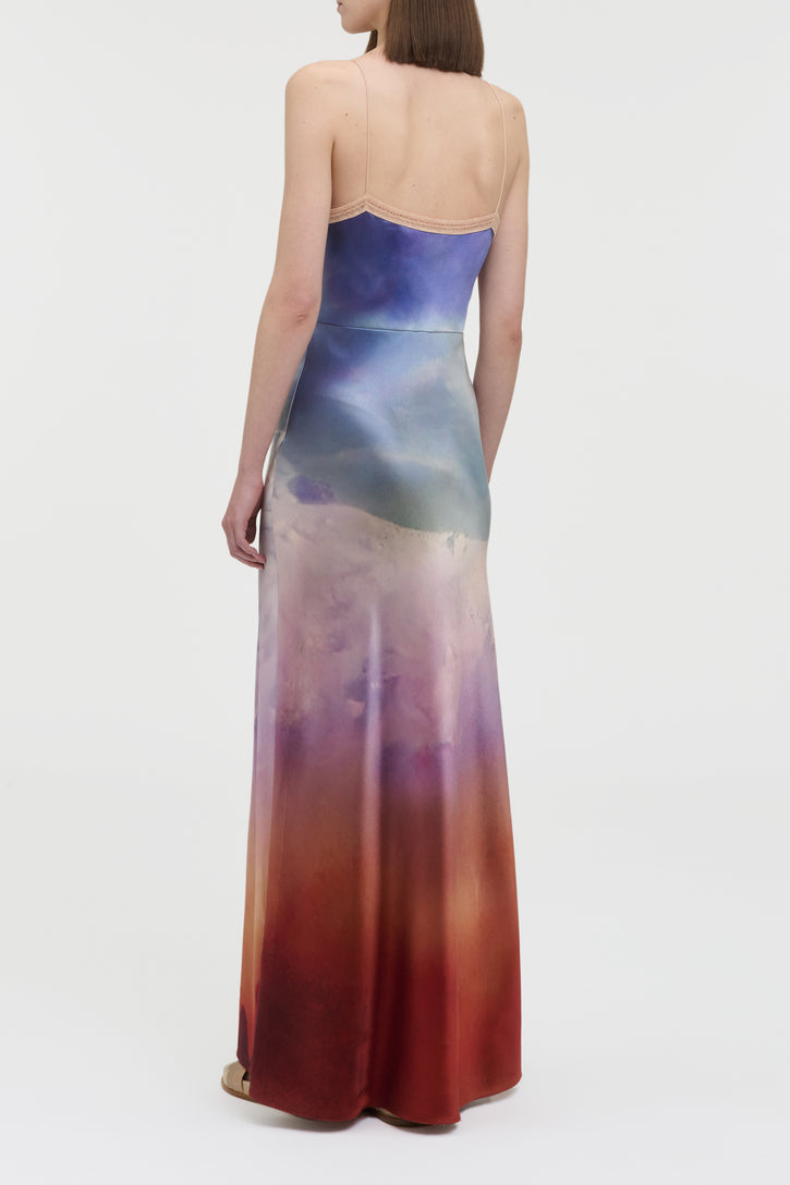 Adolphine Slip Maxi Dress in Mountain Printed Satin Silk Twill