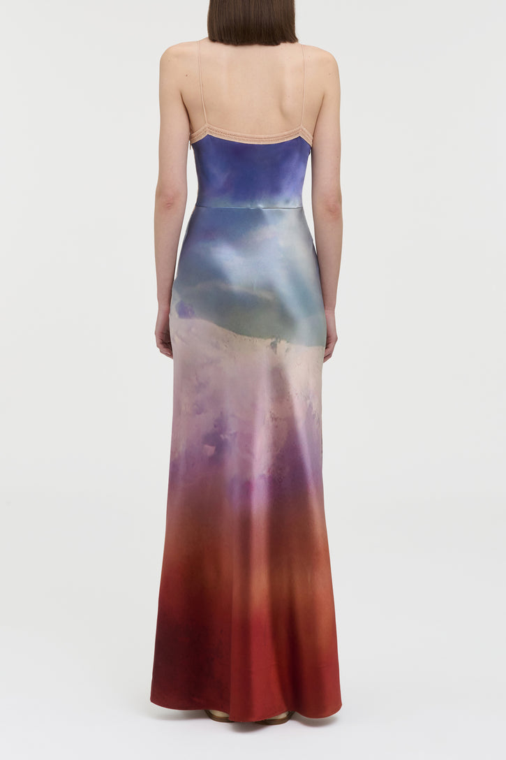 Adolphine Slip Maxi Dress in Mountain Printed Satin Silk Twill