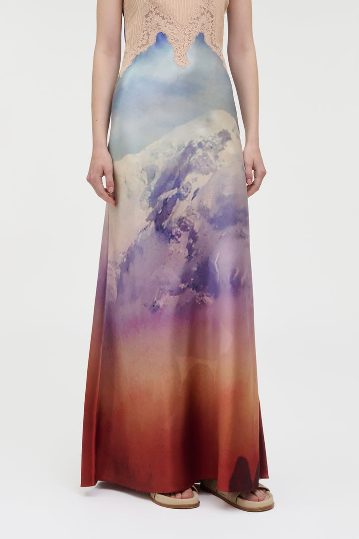 Adolphine Slip Maxi Dress in Mountain Printed Satin Silk Twill