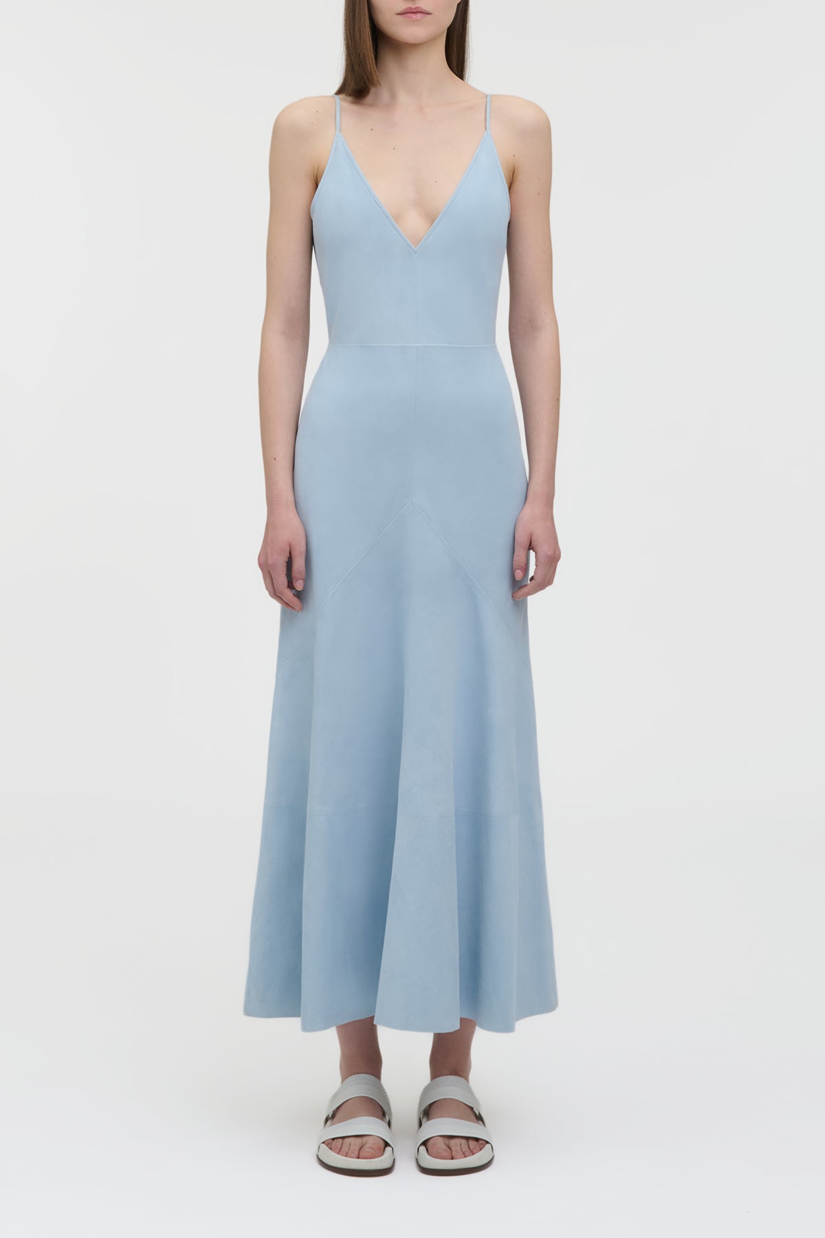 Brigita Light Blue Suede Slip Maxi Dress