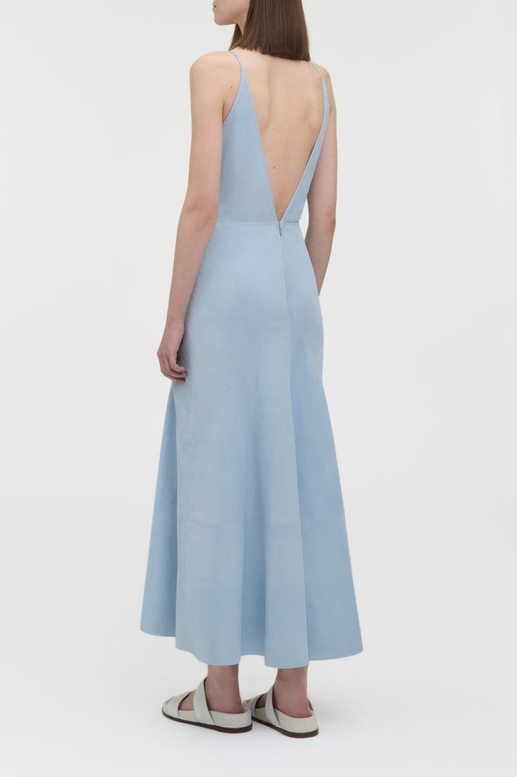 Brigita Slip Maxi Dress in Light Blue Suede