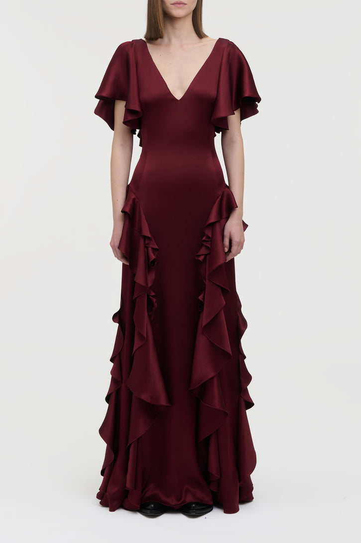 Spiral Ruffles Dress in Bordeaux Silk Satin