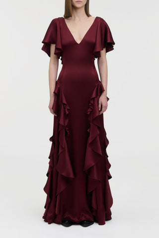 Spiral Ruffles Dress in Bordeaux Silk Satin