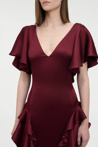 Spiral Ruffles Dress in Bordeaux Silk Satin