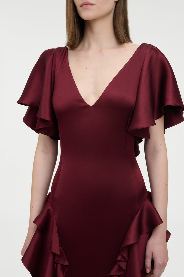 Spiral Ruffles Dress in Bordeaux Silk Satin