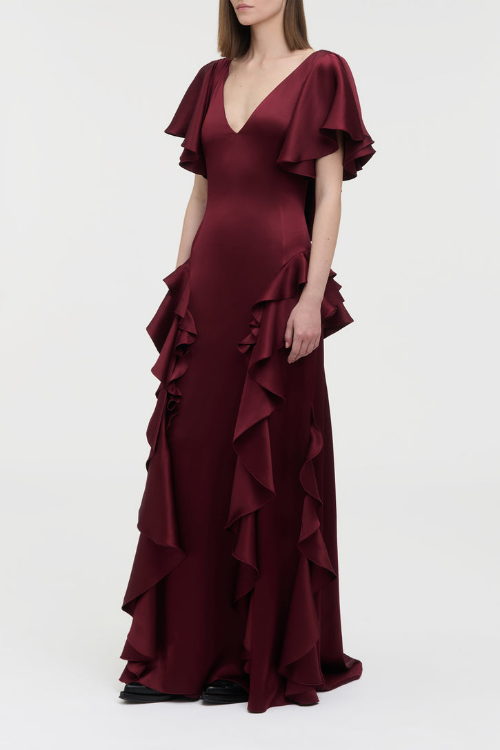 Spiral Ruffles Dress in Bordeaux Silk Satin