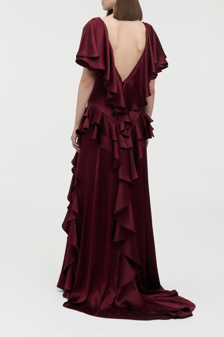 Spiral Ruffles Dress in Bordeaux Silk Satin