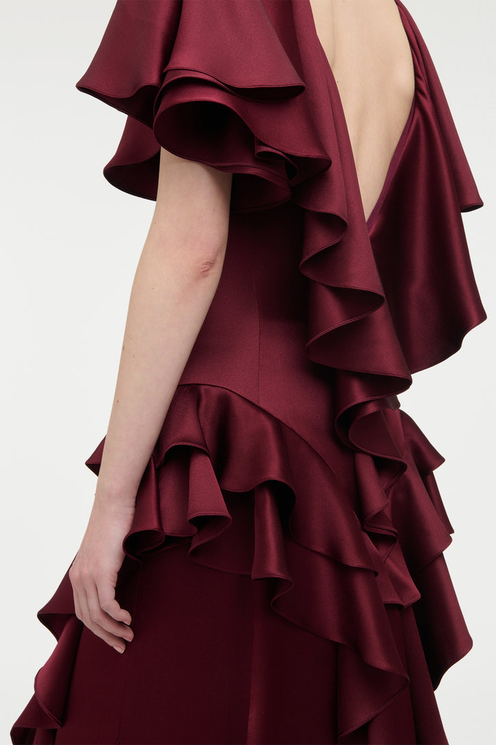 Spiral Ruffles Dress in Bordeaux Silk Satin