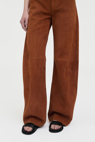 Cognac Goat Suede Amoret Barrel-Leg Jean - Close-Up Leg and Suede Texture Detail | Gabriela Hearst