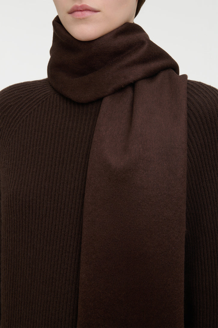 Chocolate Silk Cashmere Blaine Fringe Scarf - Flat Lay View | Gabriela Hearst