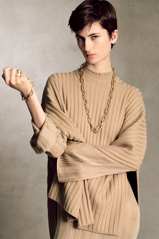 Baron Knit Cropped Poncho in Camel Merino Wool Cashmere