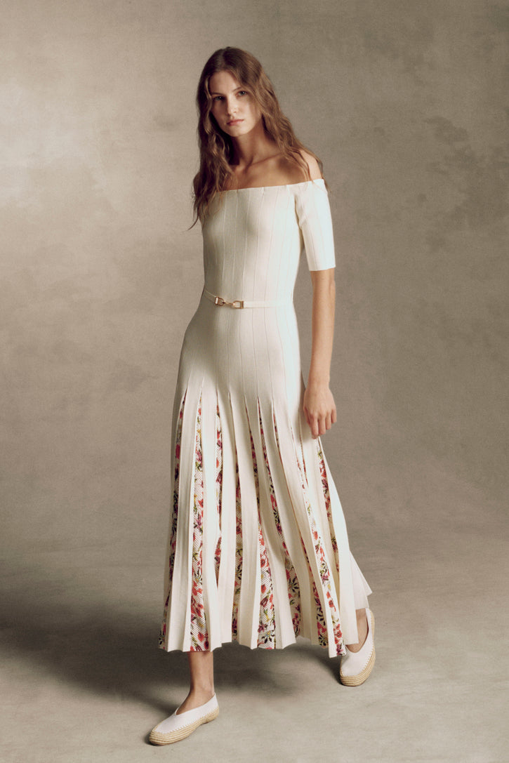 Kurt Knit Pleated Maxi Dress in White Multi Merino Wool