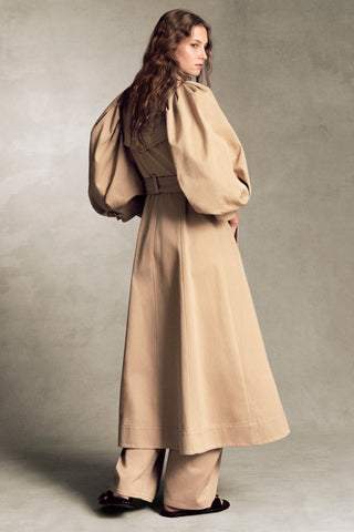 Aeon Puff Sleeve Trench Coat in Camel Sea Island Cotton Twill